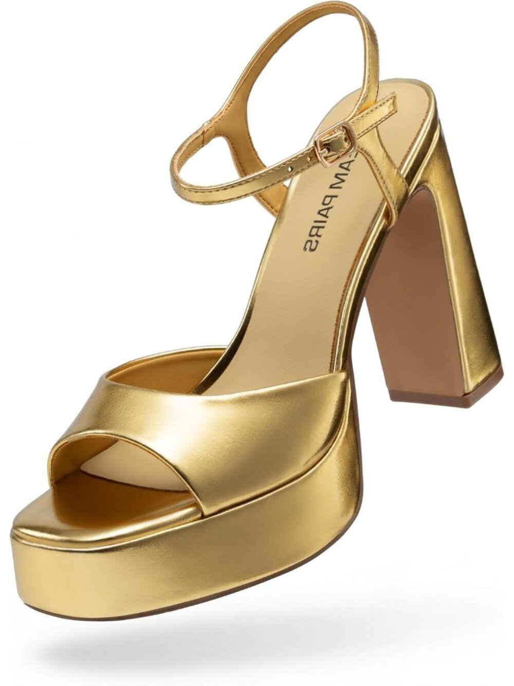 Women's Gold Faux Leather Square Toe Chunky Ankle Strap Block Heel Sandals